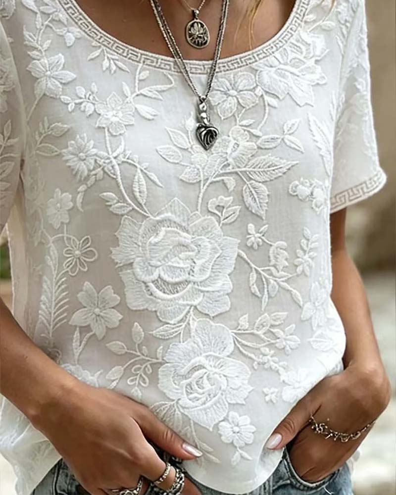 Bluse Rundhalset Broderet Blonder Patchwork