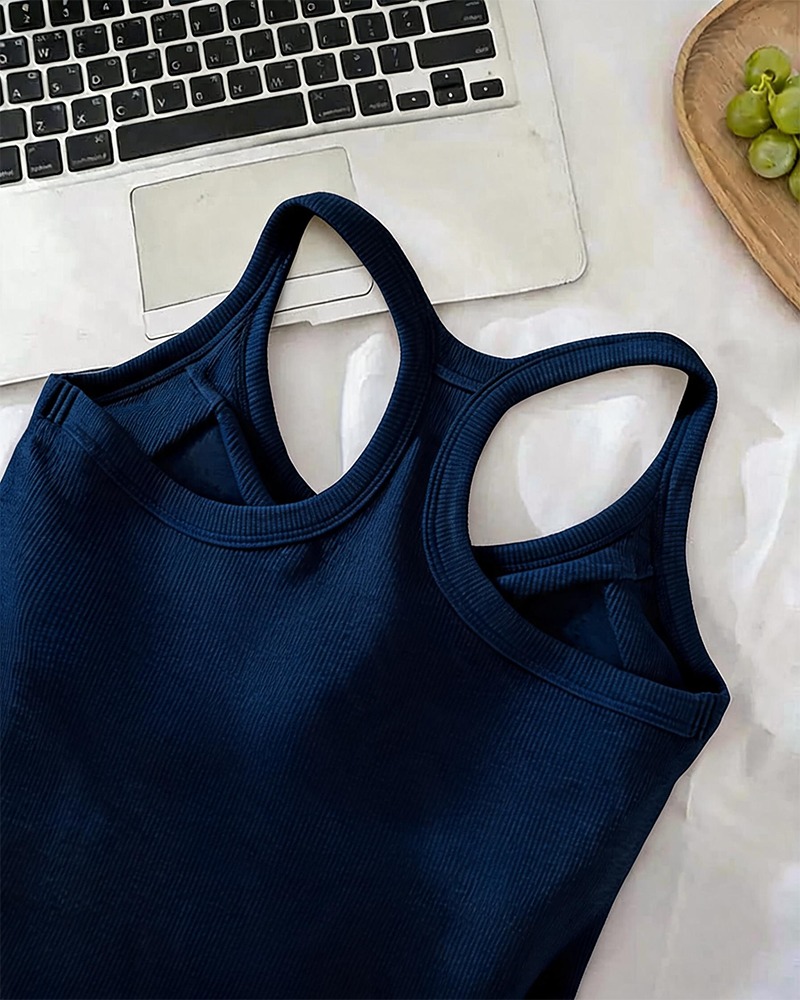 Tanktop Indbygget Bh Ribstrikket Ensfarvet