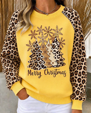 Sweatshirt Rund Hals Leopardmønster Juletræ Farveblok