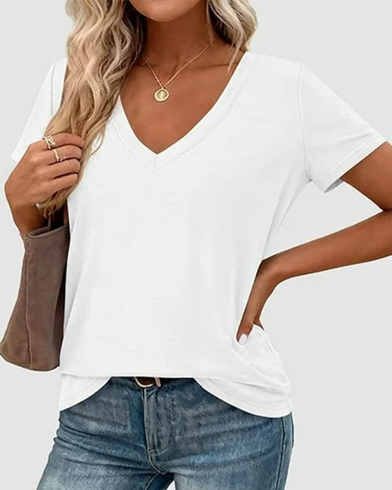T-Shirt Pullover V-Hals Ensfarvet