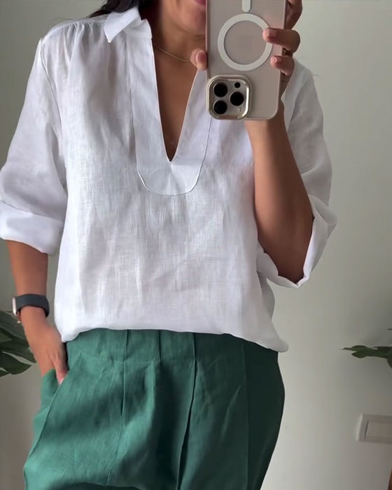Bluse Med Krave I Bomulds-Linned