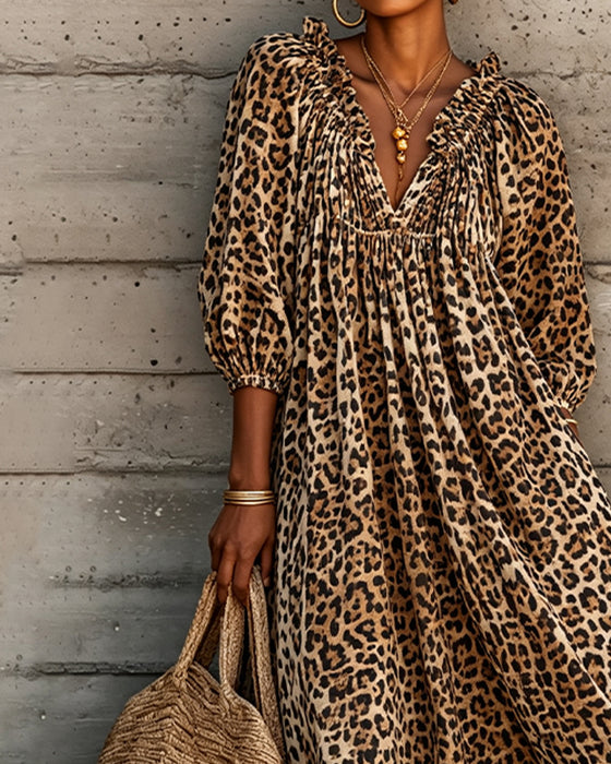 Kjole Leopard Tryk V-Hals Puff Ærme