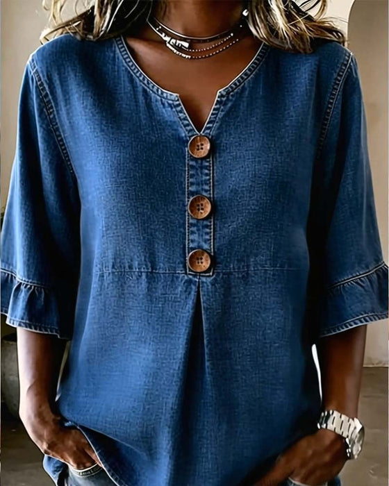 Bluse V-Udskæring Udvidet Ærme Denim
