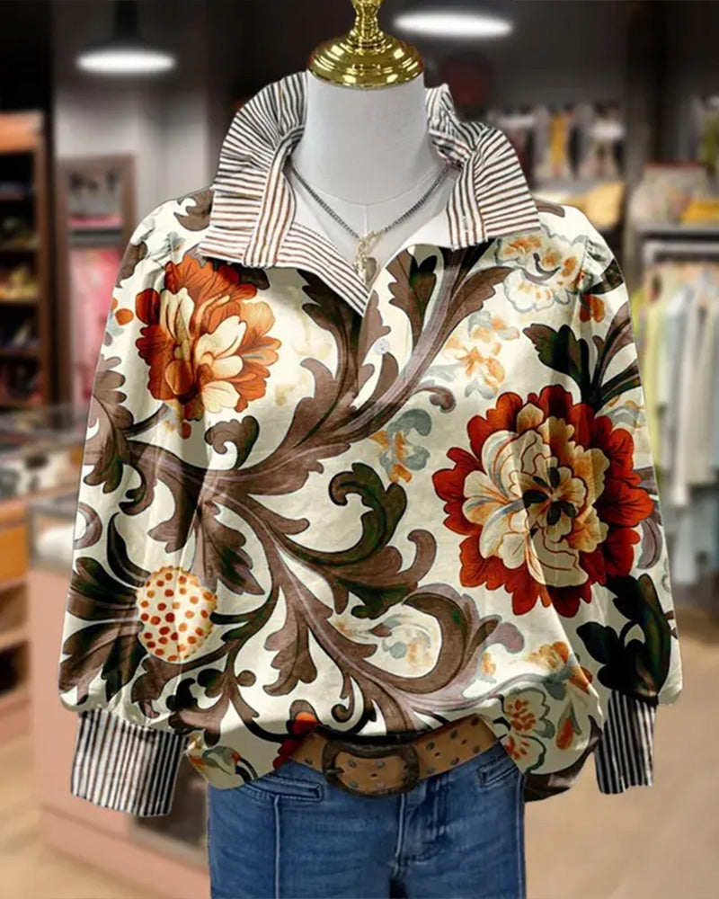 Vintage Blomstret Patchwork Stribe Krave Bluse