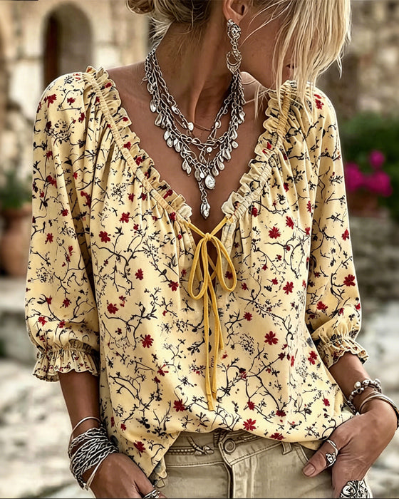 Bluse Lille Rød Blomst Blomstrende Slips