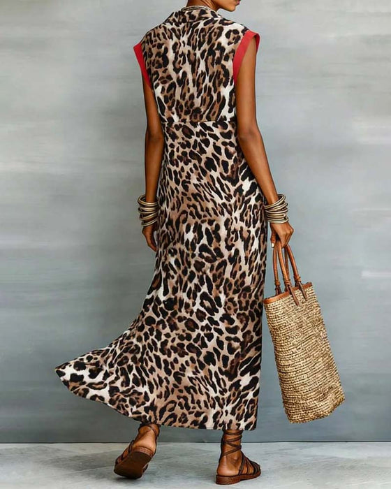 Kjole Slag Leopard Tryk Kontrast Maxi