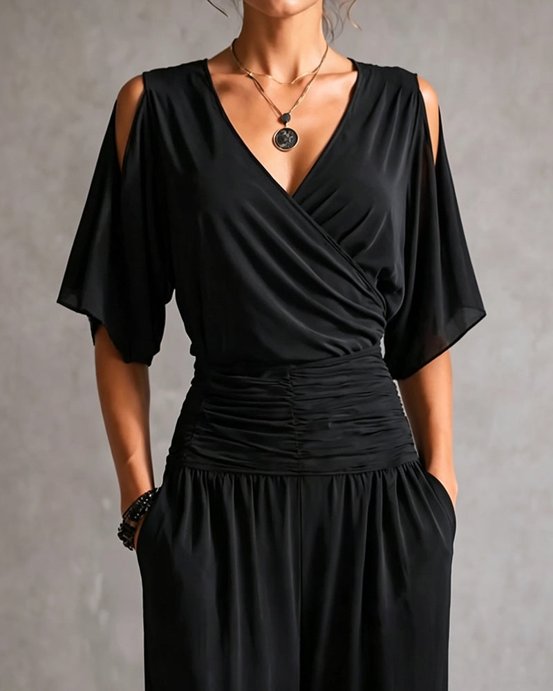 Jumpsuit V-Hals Crossover Kold Skulder Talje Lomme