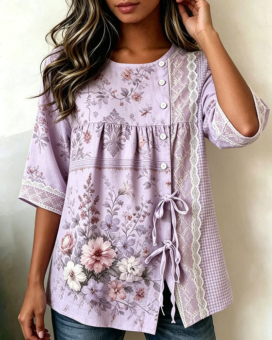 Bluse Retro Blomstermønster Afslappet