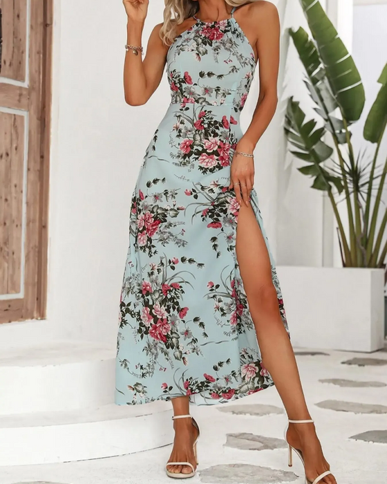 Kjole Halterneck Slids Taljet Blomstret