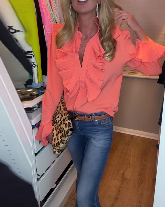 Orange langærmet  top med flæser