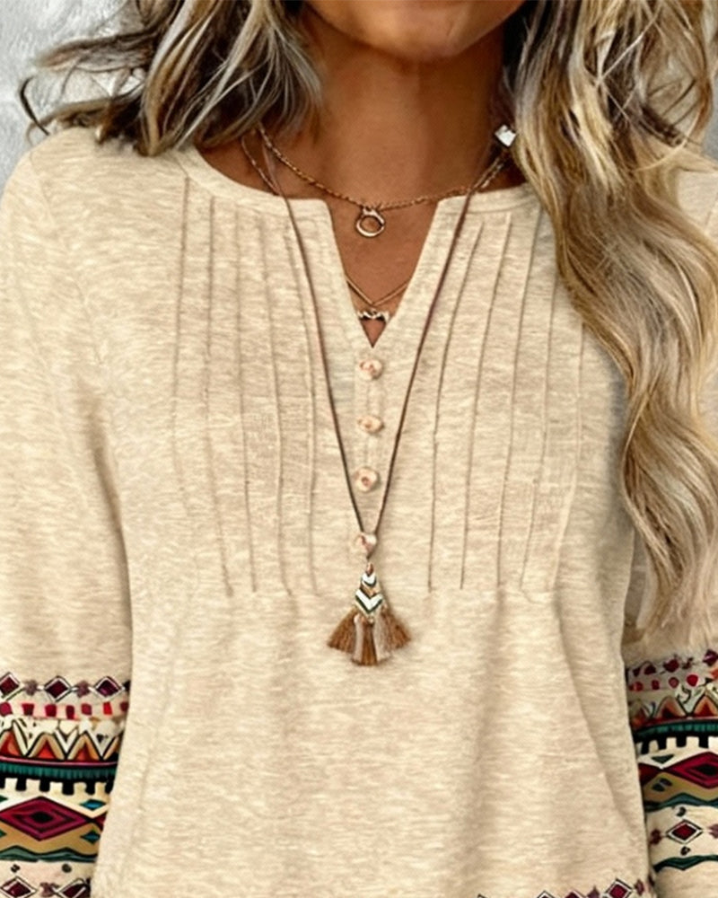 Langærmet Trykt Top Med V-Hals