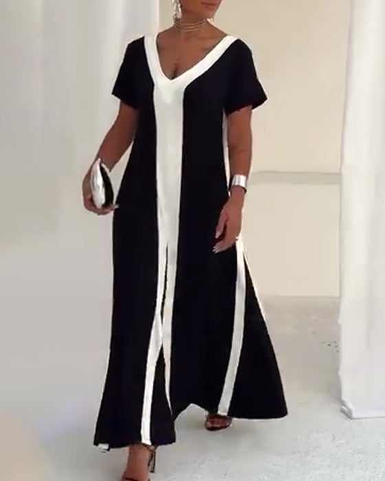 Kjole Temperament V-Hals Kontrastfarve