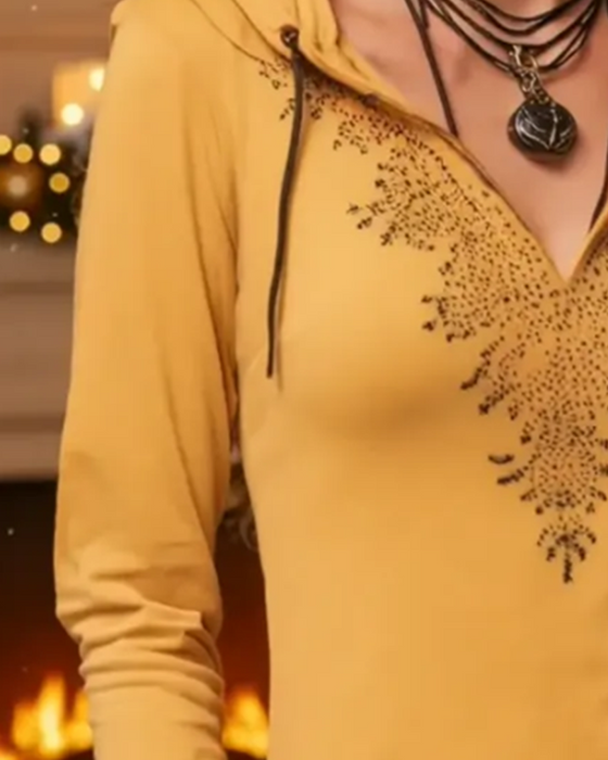 Top Med Hætte Casual Langærmet Trykt