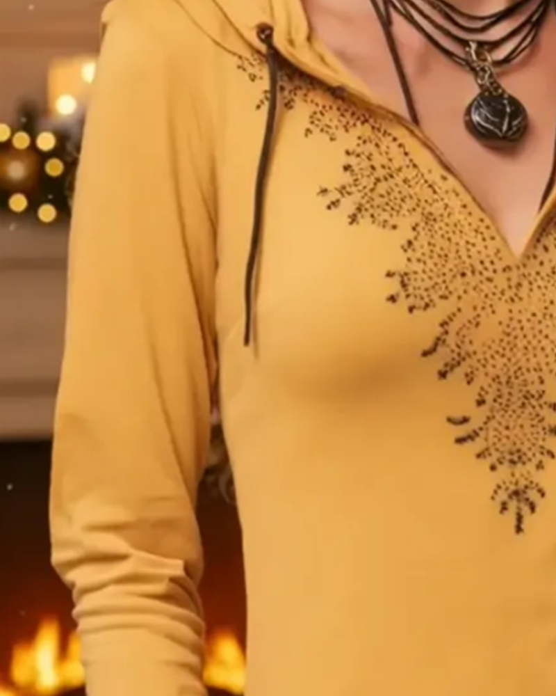 Top Med Hætte Casual Langærmet Trykt