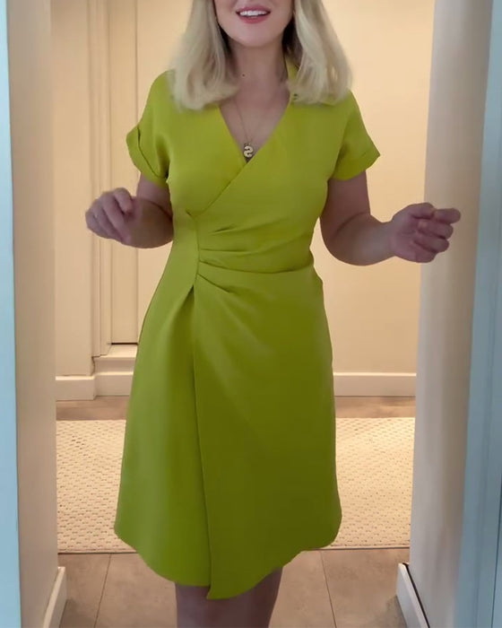 Kjole Lapel Ensfarvet Plisseret Talje