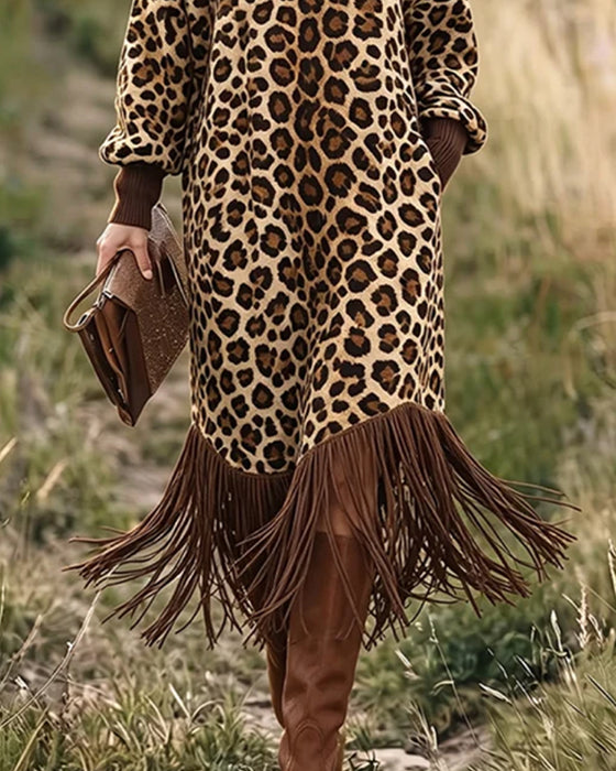 Kjole Leopard Tryk Frynselanterne Ærme