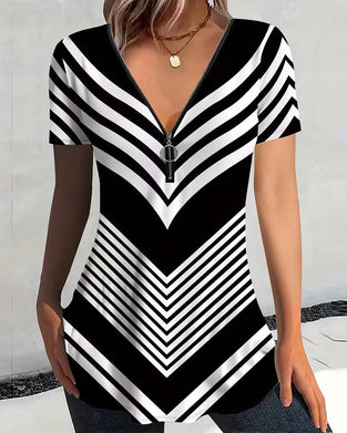 T-shirt Lynlås V-Udskæring Stribet