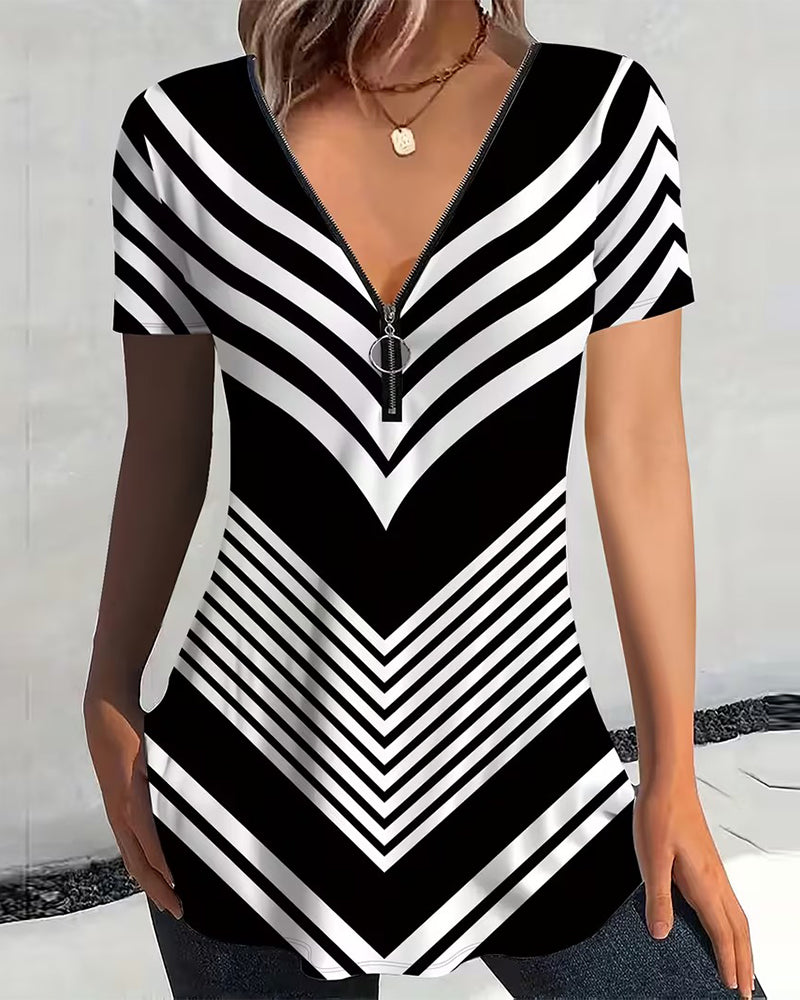 T-shirt Lynlås V-Udskæring Stribet