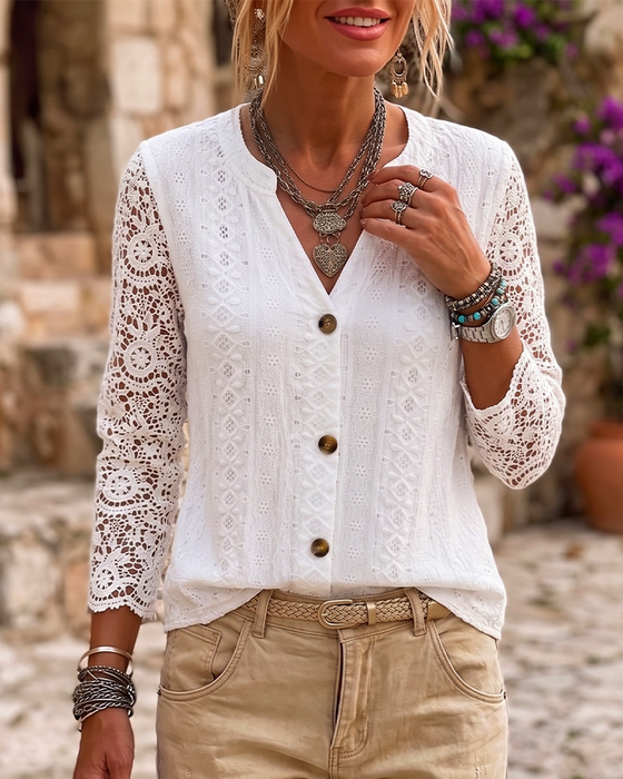Bluse V-Hals Blonder Knap Ensfarvet