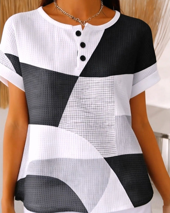 Bluse Rundhalset Knap Farveblok Vaffel