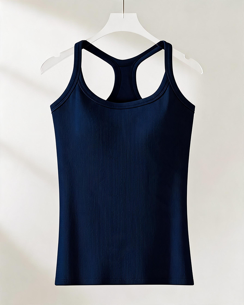 Tanktop Indbygget Bh Ribstrikket Ensfarvet