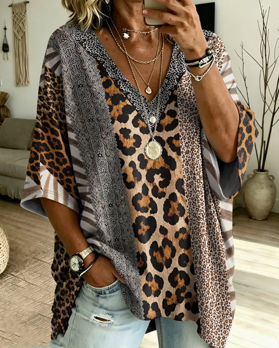 Top Leopardmønster Patchwork V-Hals Afslappet