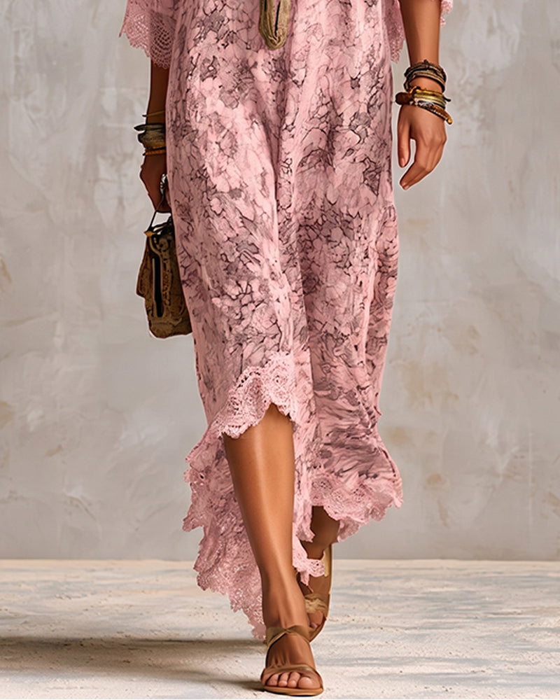 Kjole V-Hals Blonde Patchwork Asymmetrisk