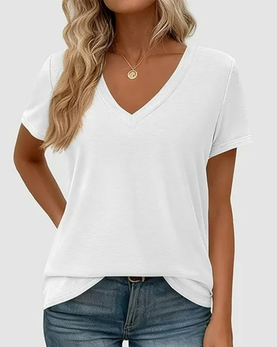 T-Shirt Pullover V-Hals Ensfarvet