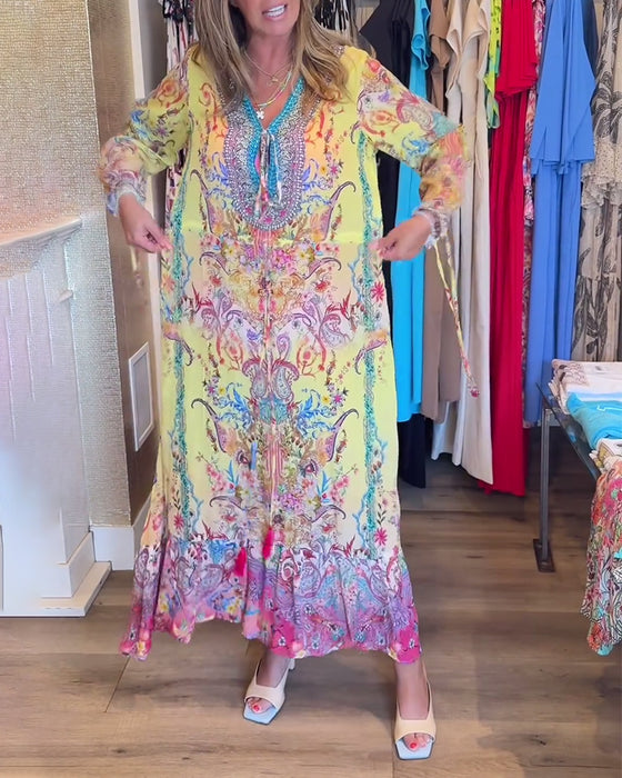 Langærmet resortkjole med print