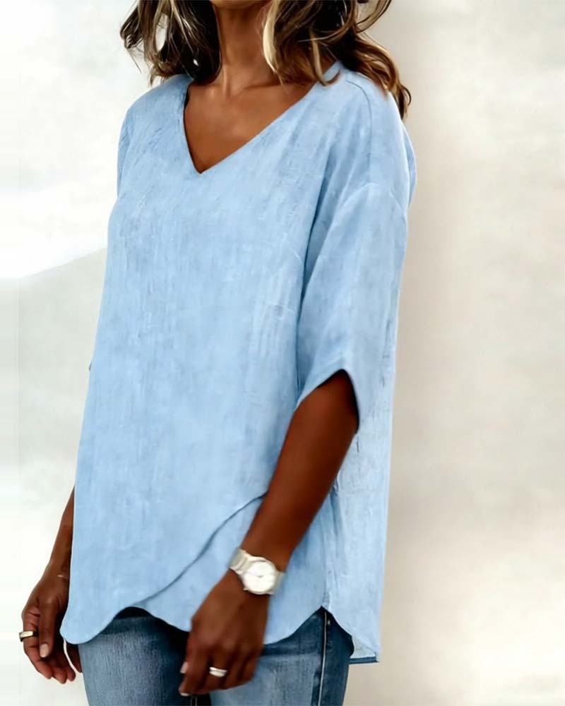 Topp Uregelmæssig Kant Ensfarvet V-Hals