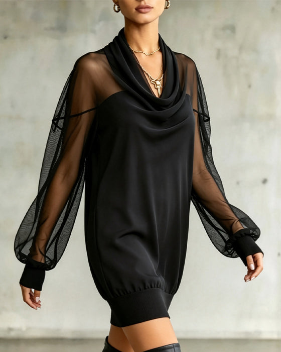 Kjole Cowl-Neck Lang Ærme Mesh