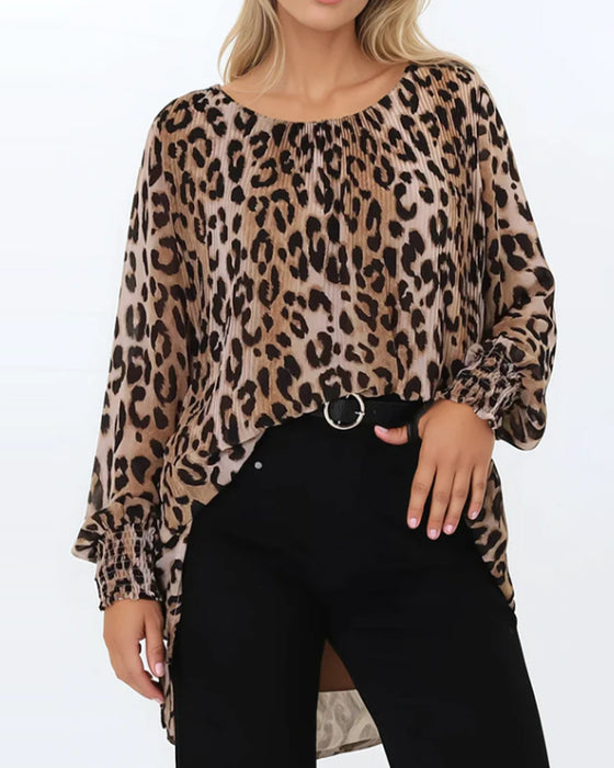 Bluse Rund Hals Leopard Uregelmæssig Lanterne Ærme