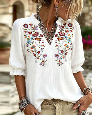 Bluse Ruffle Trim Tryk Casual