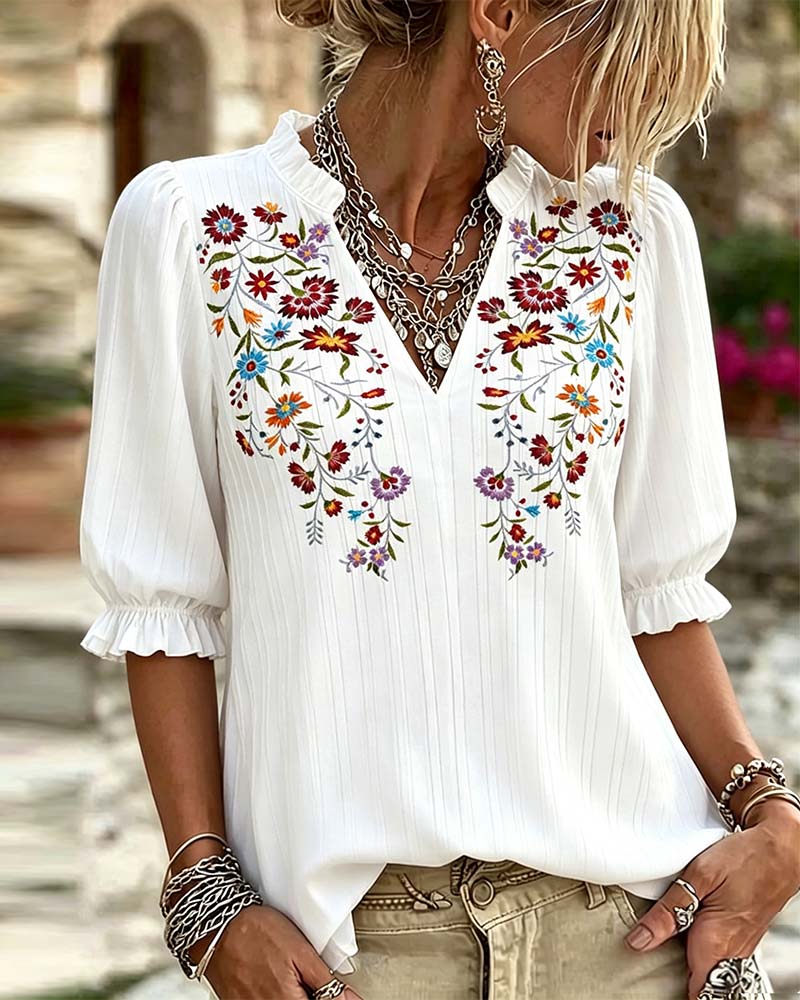 Bluse Ruffle Trim Tryk Casual