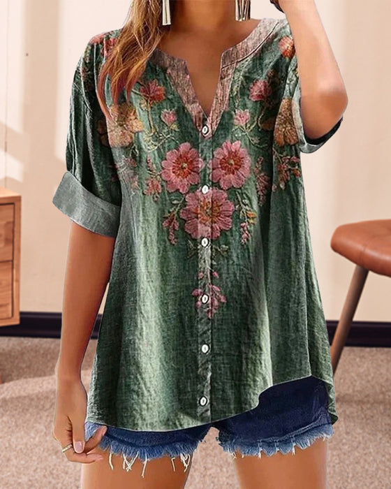 Bluse med modeprint og v-hals