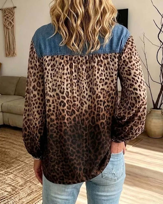 Top Denim Patchwork Leopardmønster Langærmet