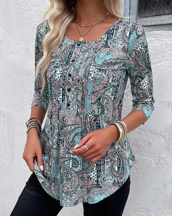 Bluse Trekvartsærme Vintage Tryk