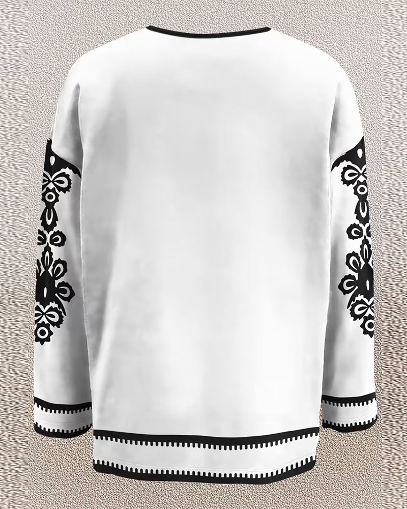 Farveblokeret V-hals Mønstret Langærmet Top