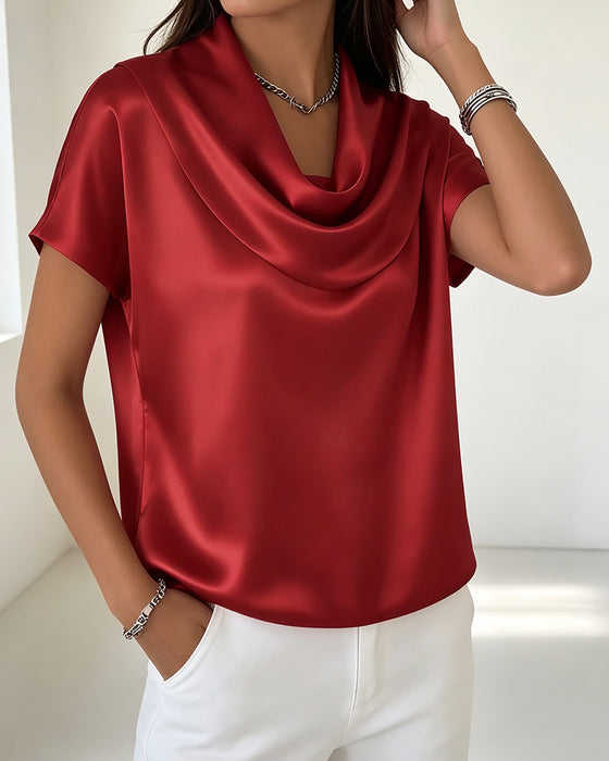 Bluse Enfarvet Draperet Krave