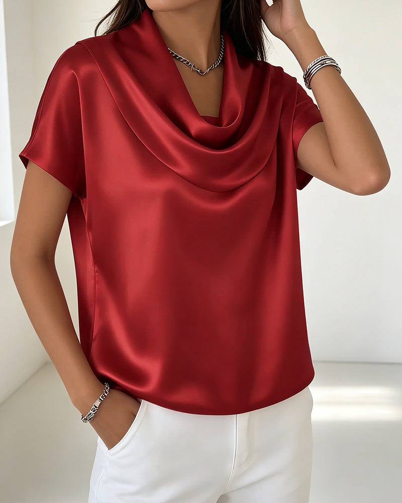 Bluse Enfarvet Draperet Krave