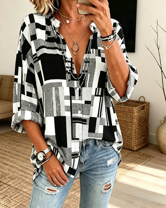 Bluse Geometrisk Tryk V-Hals Afslappet