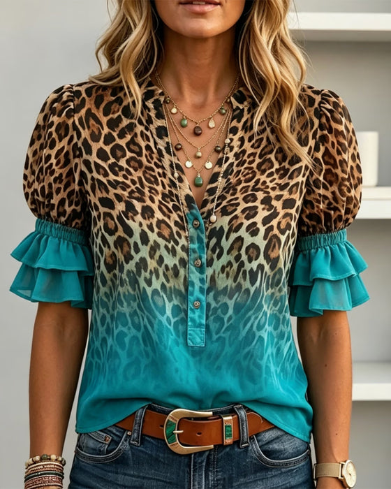 Leopardmønster V-Hals Gradient Rynke Bluse