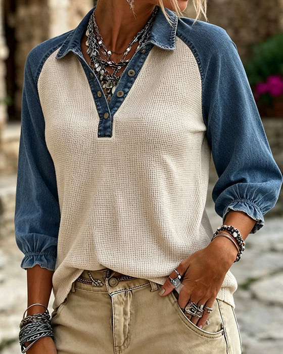 Bluse V-Hals Vaffel Tekstur Kontrast Denim