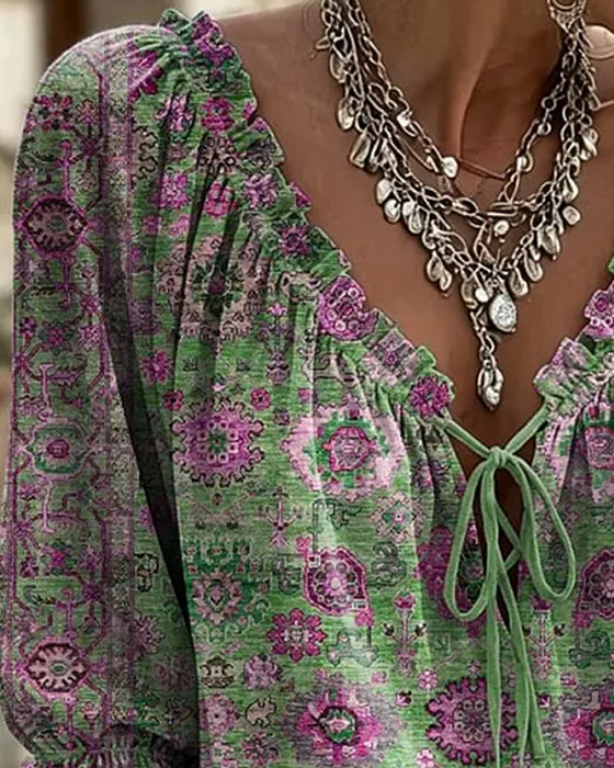 Bluse V-Hals Bindebånd Vintage Tryk