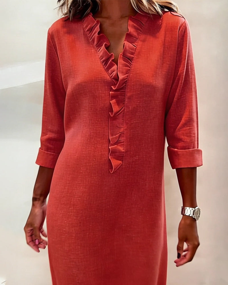 Kjole Rynket V-Hals Ensfarvet