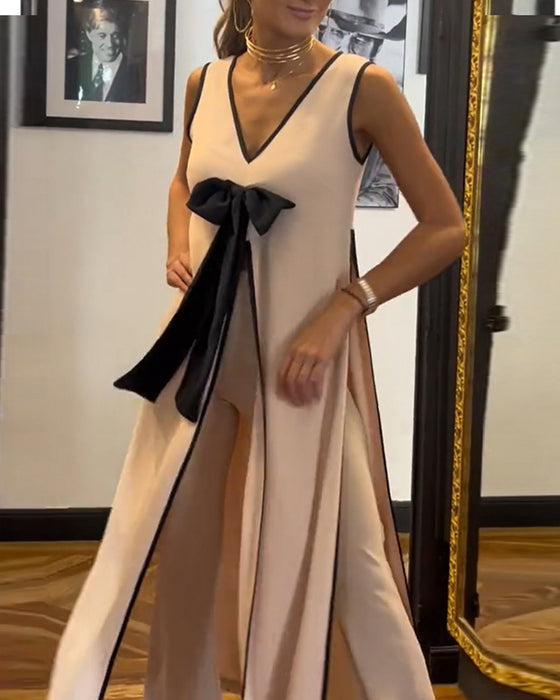 Ensfarvet to-delt sæt | Bluse med sløjfe og bukser