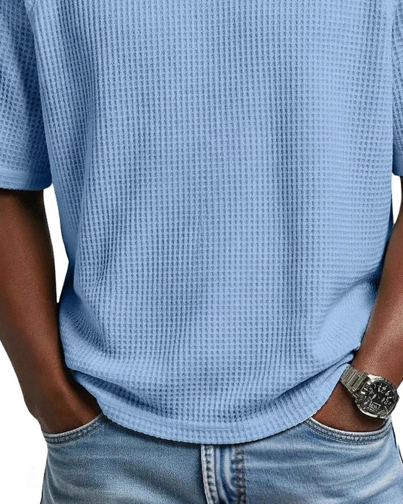 Herre V-Hals T-Shirt I Waffelstruktur, Afslappet Kortærmet Top I Ensfarvet