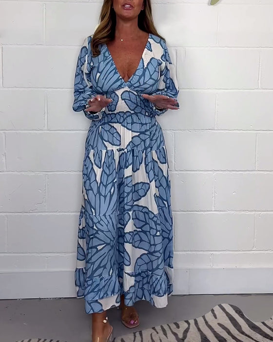 Lang kjole med V-hals print til kvinder