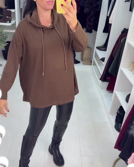 Uregelmæssig Løstsiddende Ensfarvet Langærmet Hoodie