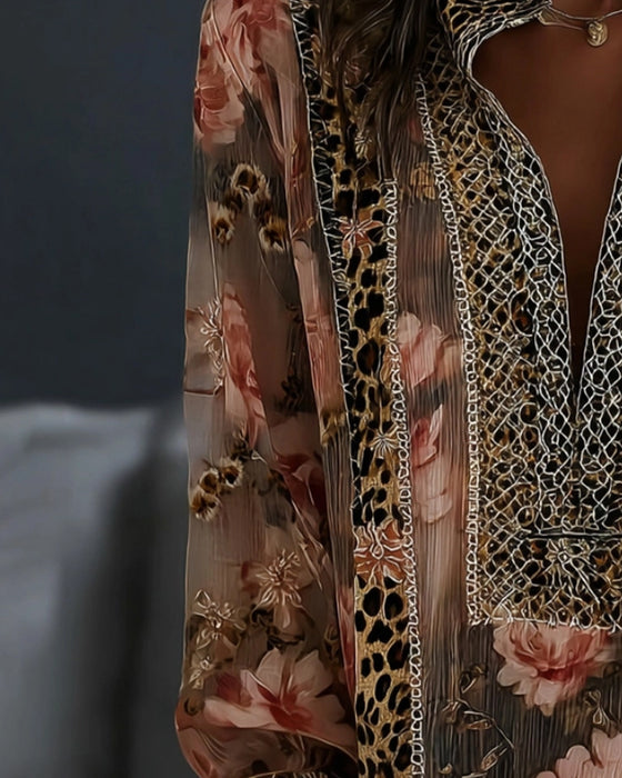 Bluse Blomstret Leopard Langærmet
